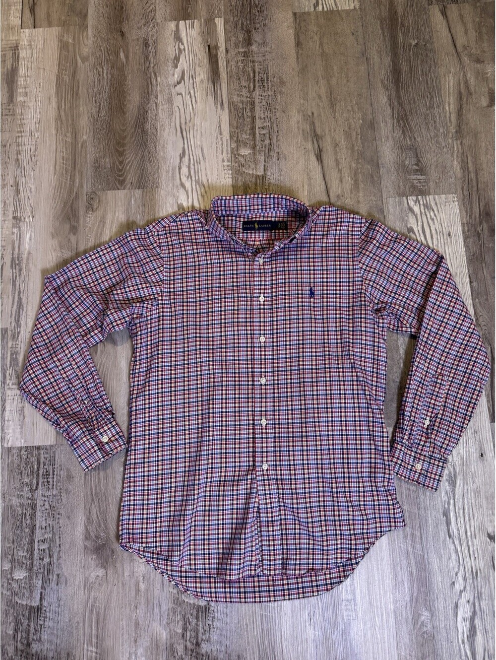 Polo Ralph Lauren Men Small S/P Gingham Plaid Button Down Shirt Red Blue STAIN